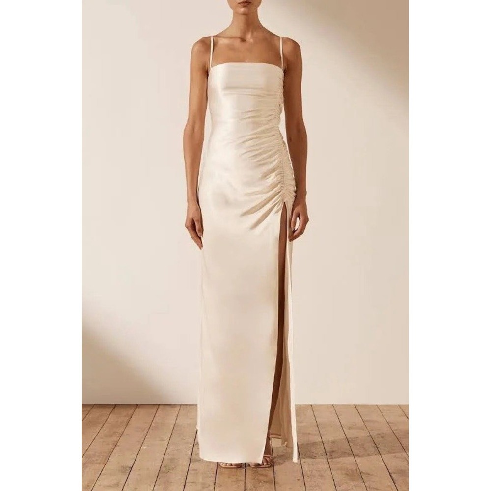 NWT Shona Joy La Lune Ruched Backless Slip Dress Open Maxi Cream Formal Gown 6US